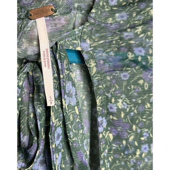 Free People Babydoll Top Mesh Balloon Sleeves Ties in the Back Floral Print Sz S - Picture 8 of 11